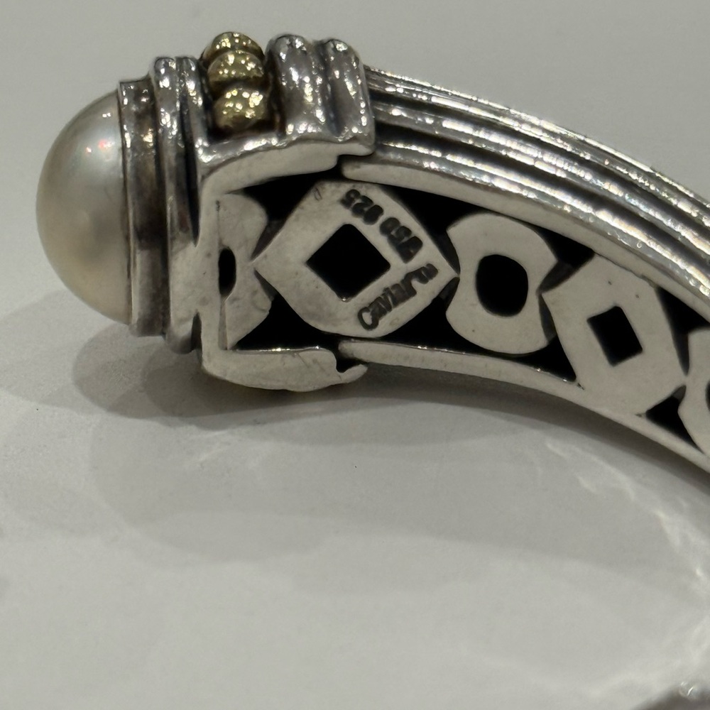 LAGOS Silver Tone Cuff Bracelet with Pearl End Caps and Gold Accents - Picture 3 of 6